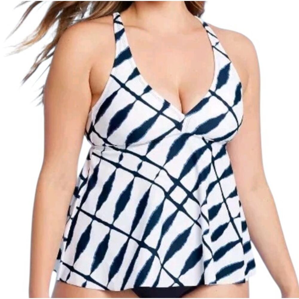 KONA SOL Blue White‎ Racerback Flowy Tankini Swim Top Built in Bra SZ 2X 20W-22W